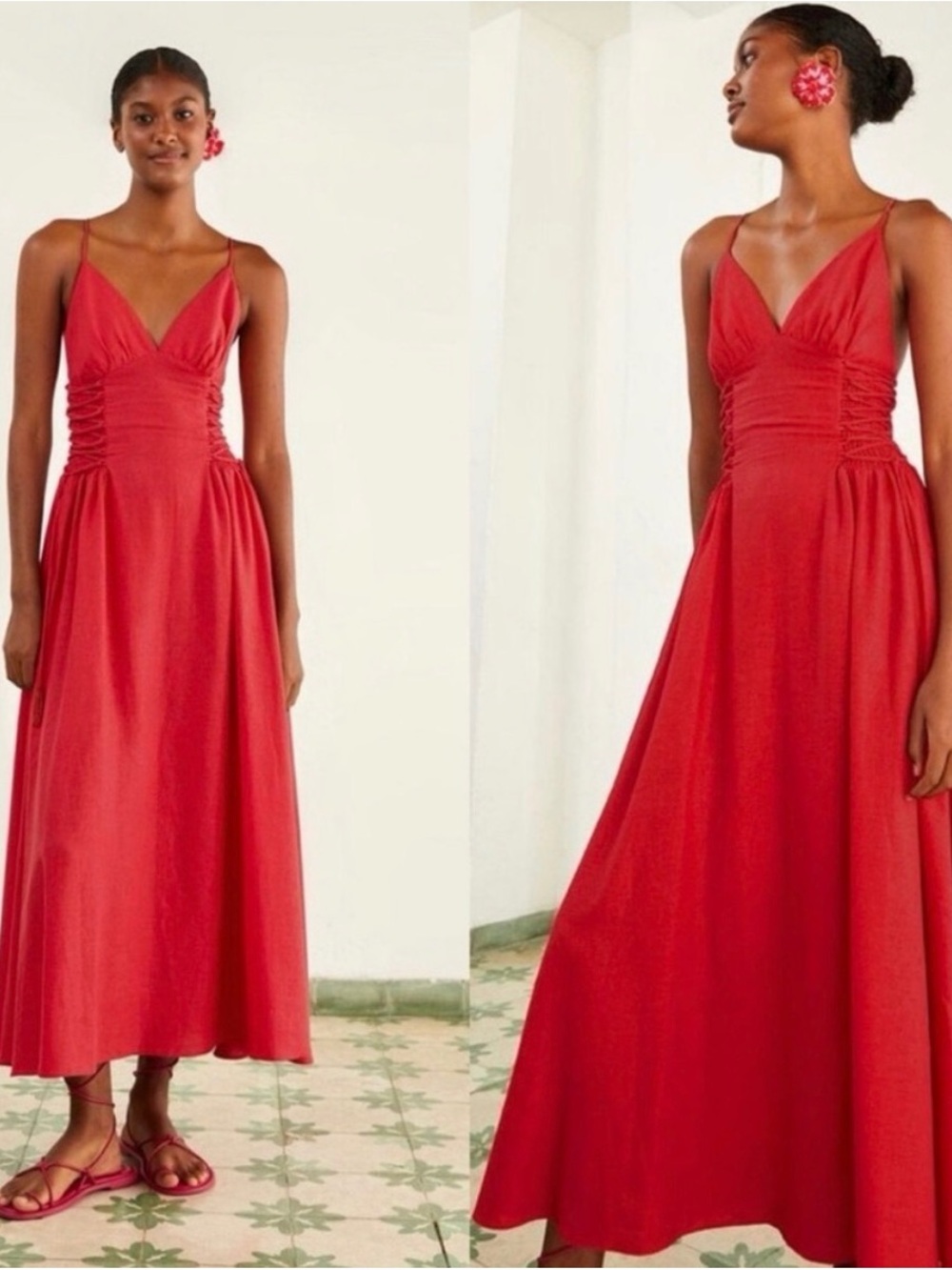 FARM Rio Red Spaghetti-Strap Ruched Maxi Dress